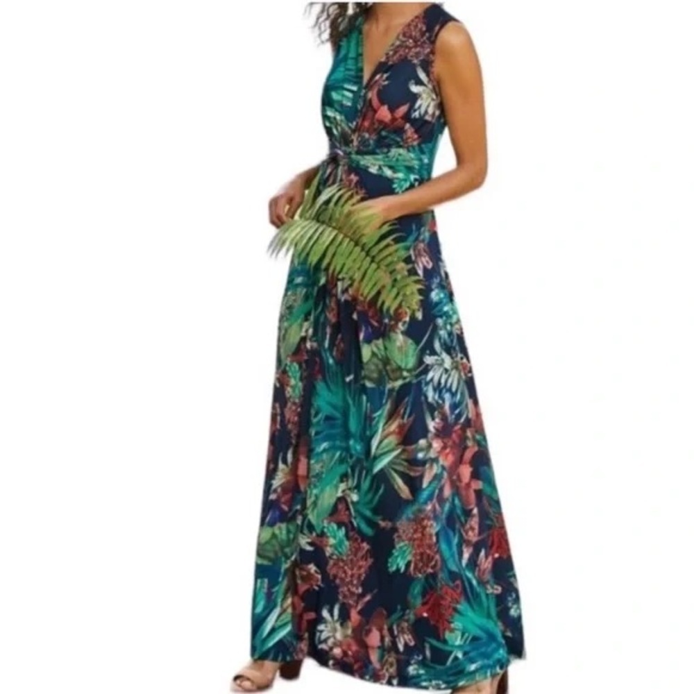 Soft Surroundings Navy Tropical Floral Wrap Maxi Dress